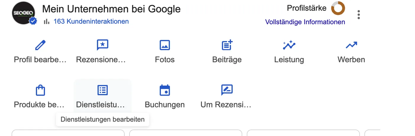 Verwaltungsleiste Mein Unternehmen bei Google mit den Schaltflaechen Profil bearbeiten, Rezensionen, Fotos, Beitraege, Leistung, Werben, Produkte und Dienstleistungen bearbeiten