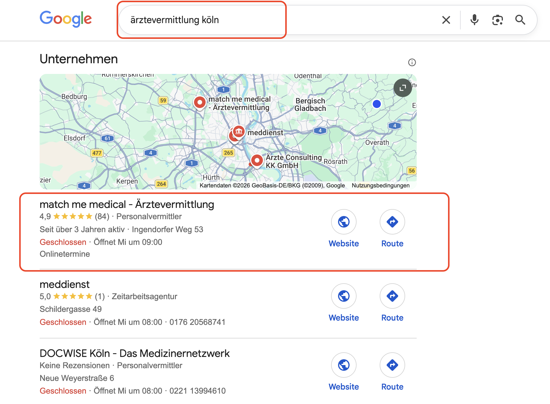Google Local Pack: match me medical auf Platz 1 für ärztevermittlung köln mit 4,9 Sternen bei 84 Bewertungen