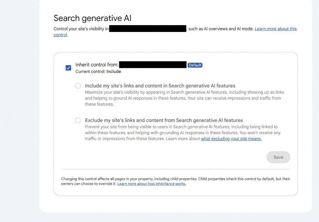 Google Search Console KI-Einstellungen: Der neue Bereich 'Search generative AI' mit Include- und Exclude-Option