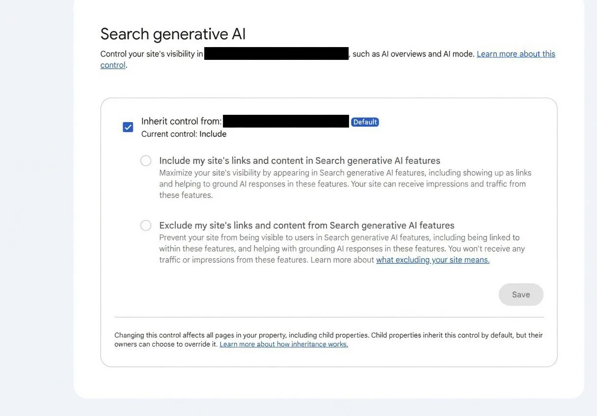 Google Search Console KI-Einstellungen: Der neue Bereich 'Search generative AI' mit Include- und Exclude-Option