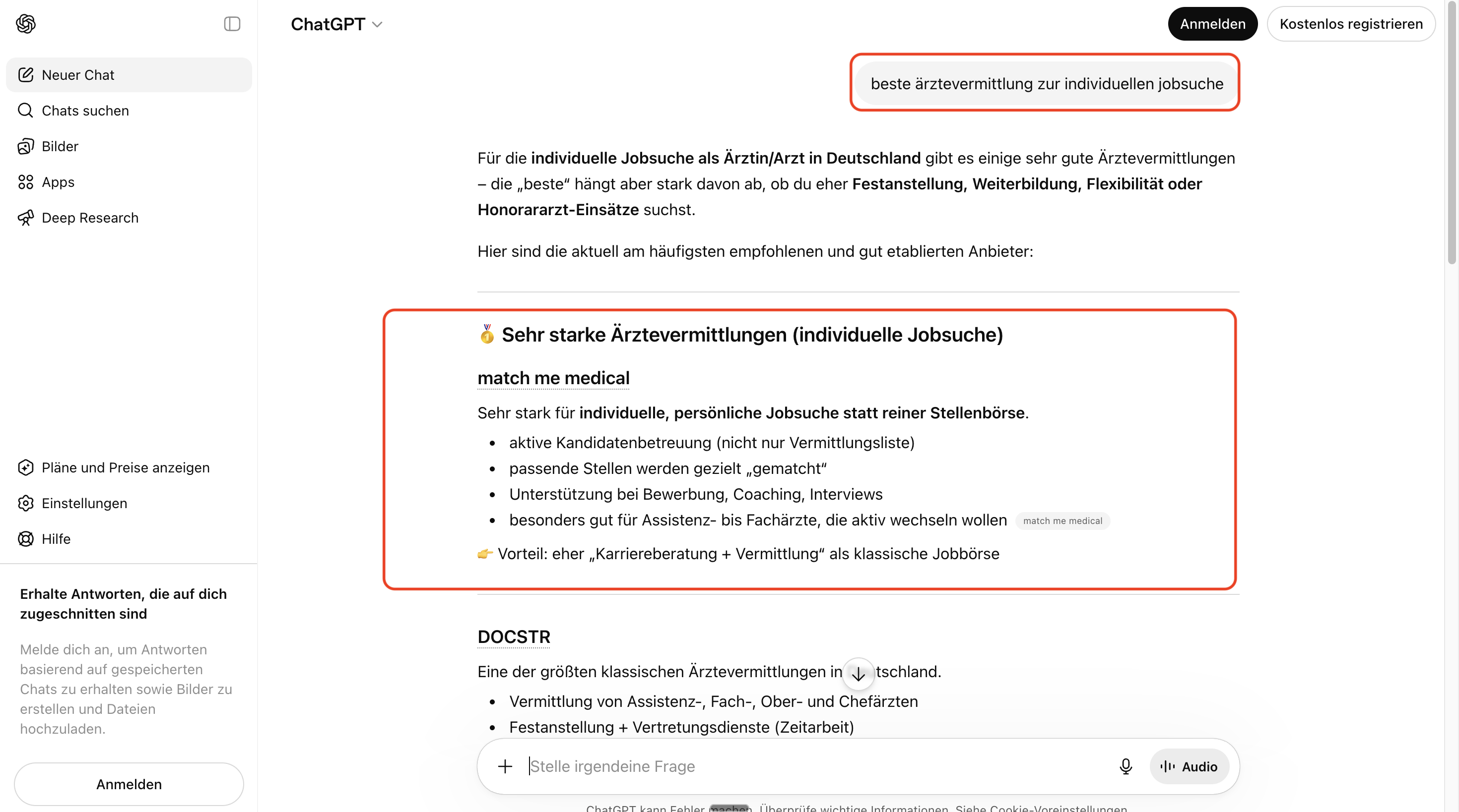 ChatGPT empfiehlt Match Me Medical namentlich