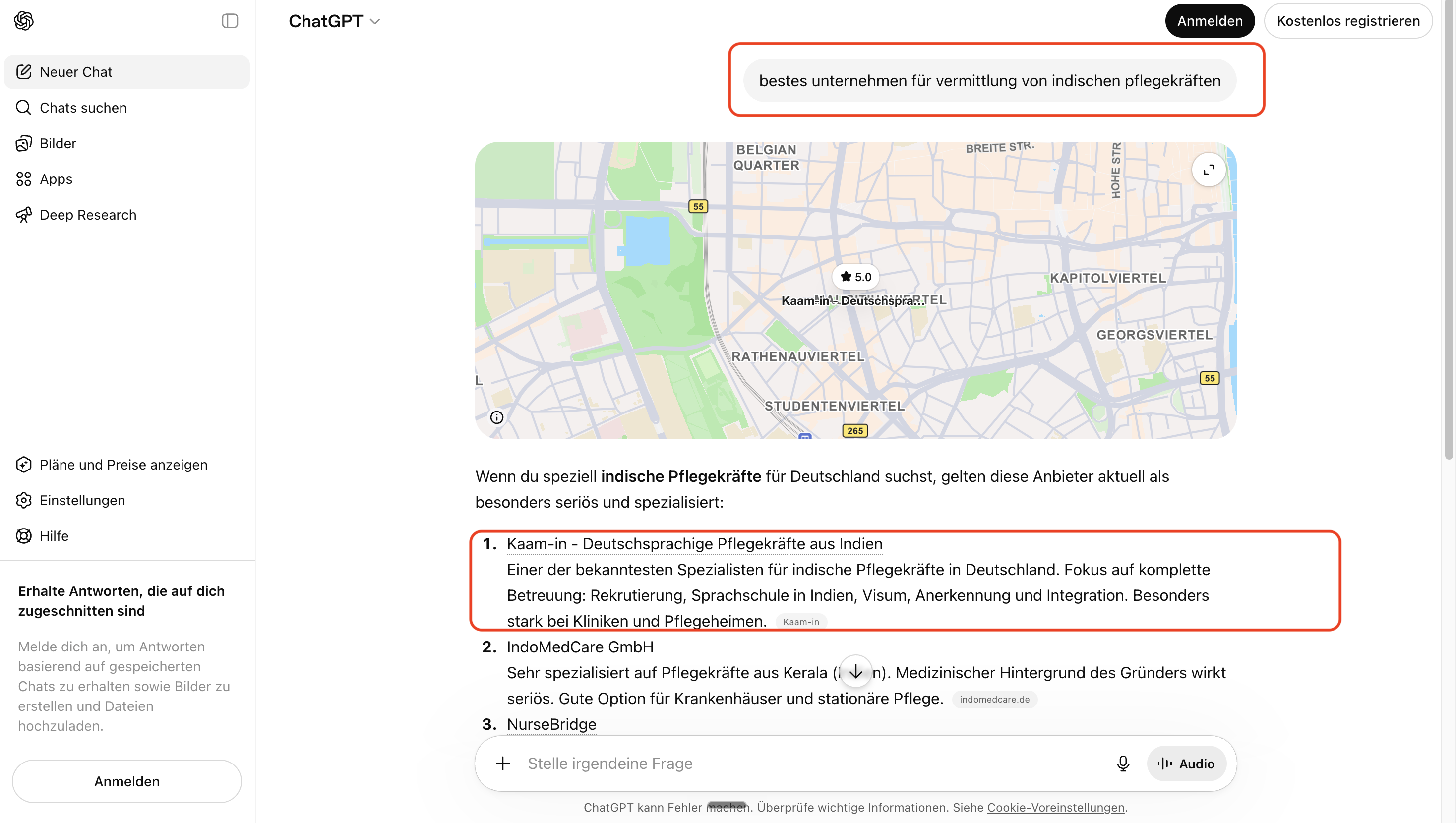 ChatGPT empfiehlt Kaam-in als erste Wahl für die Vermittlung indischer Pflegekräfte