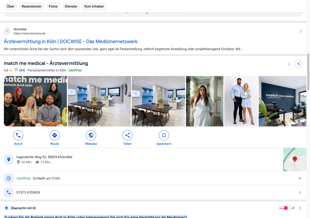 Google-Suche für Ärztevermittlung Köln: match me medical auf Platz 1 mit eigenem Knowledge-Panel