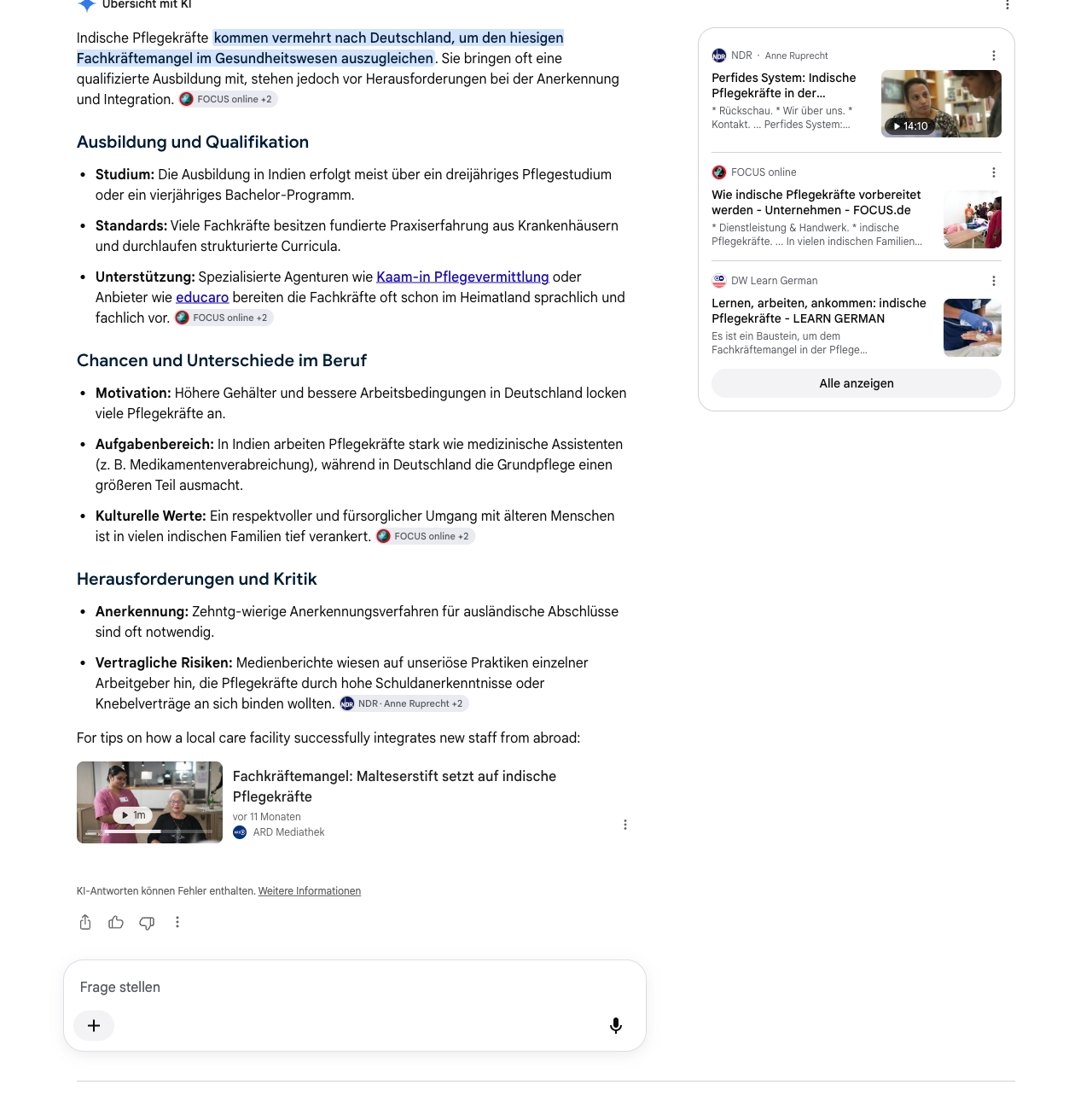 Googles Übersicht mit KI zur Suche pflegekräfte aus indien, in der Kaam-in Pflegevermittlung als Quelle genannt und verlinkt wird