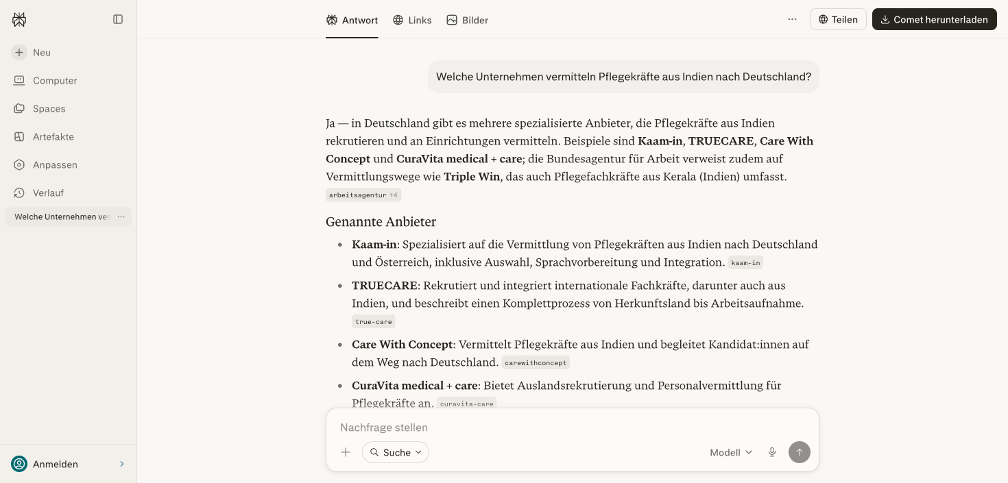 Perplexity nennt einen Kunden von SEOGEO Performance an erster Stelle in der KI-Antwort