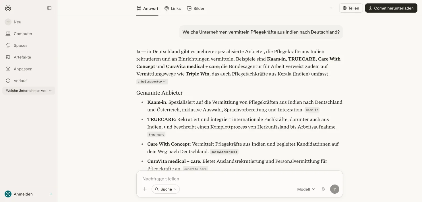 Perplexity nennt einen Kunden von SEOGEO Performance an erster Stelle in der KI-Antwort