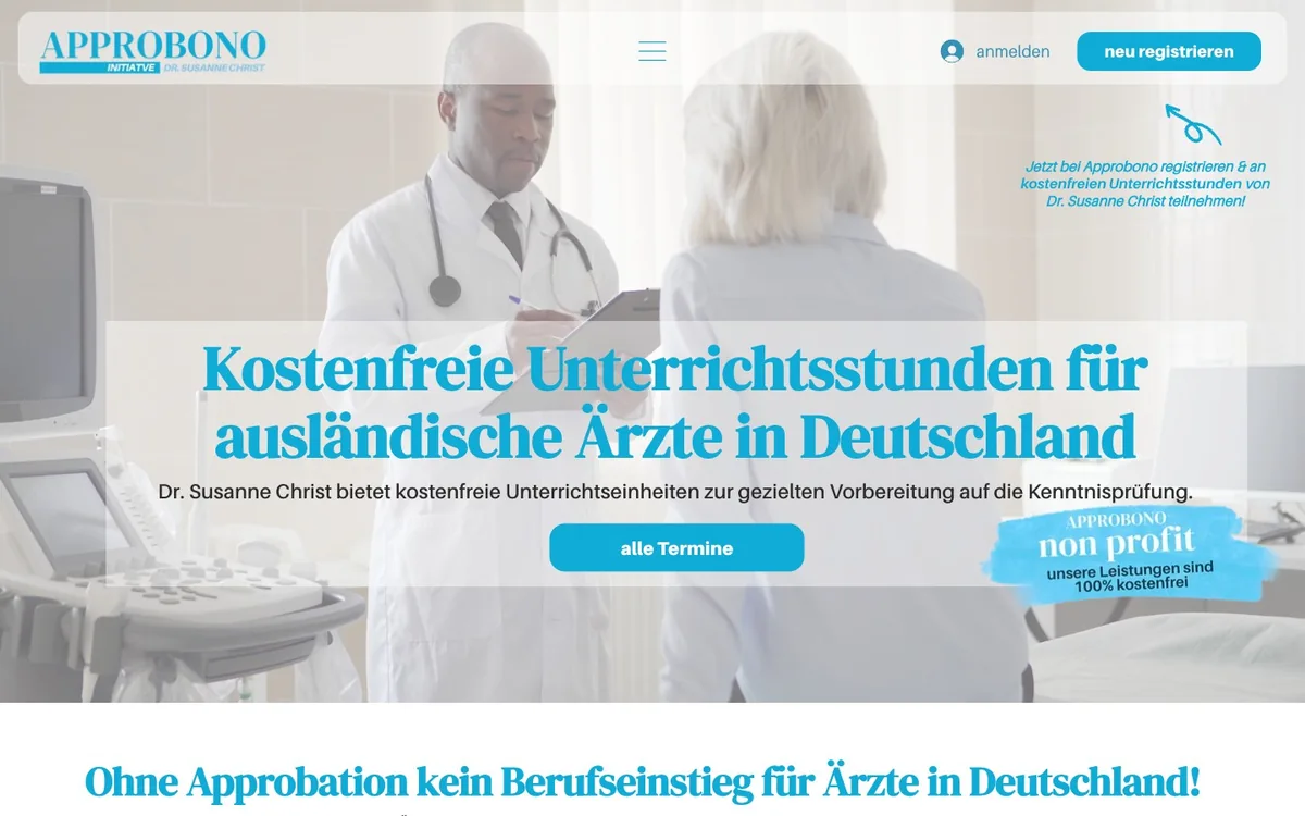 Website-Screenshot: Approbono, Non-Profit-Initiative für Kenntnisprüfungs-Vorbereitung